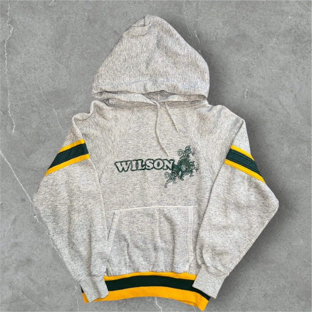 VTG Champion Hoodie Mens Small Grey Green Yellow Stripe Sleeve Logo Pullover